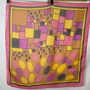 Vintage 60s Sheer Pink Black Gold Square Circle Geometric Print 25" Square Scarf